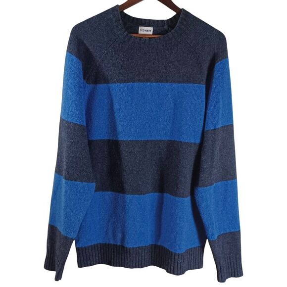 Old Navy Wool Rugby Striped Men's Sz L Long Sleeve Casual Warm Blue Grey Sweater - Picture 1 of 10